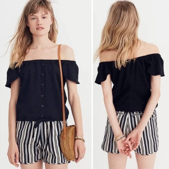 Madewell Texture & Thread Button Front Off the Shoulder Black Top Size Small - Picture 4 of 9